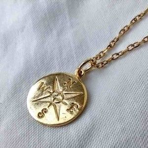 14K Gold Plated Compass Medallion on 16" Gold Plate Chain /  NWOT SS Vermeil